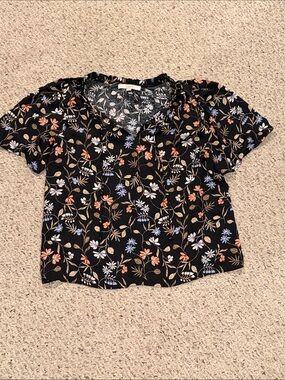 LOFT Black Floral Mixed Media Short Sleeve Blouse with Blue and Peach Blooms